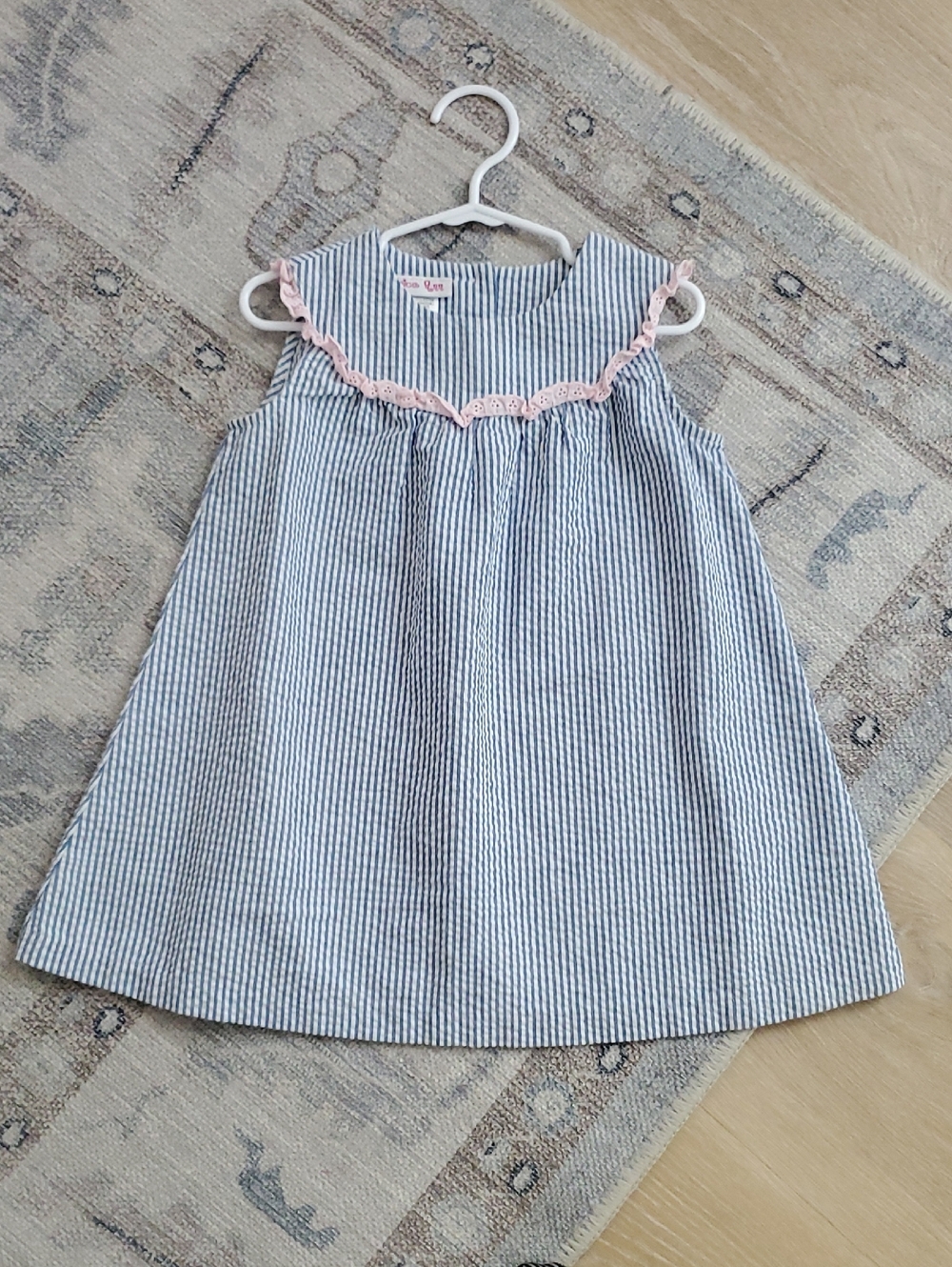 Jessica Ann Girls Blue Seersucker Pink Ruffle Dress Top sz4T